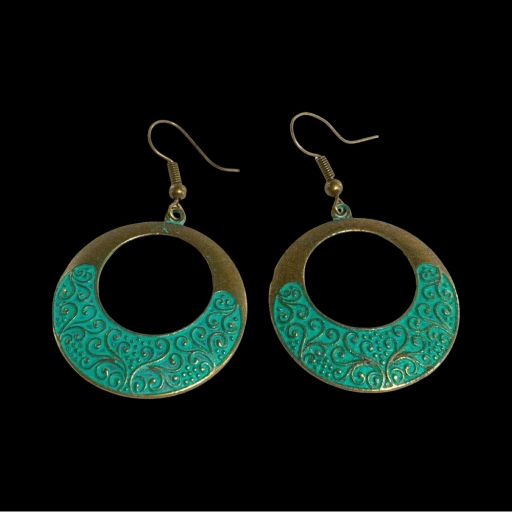 Vintage Style Brass  Turquoise Open Circle Dangle Earrings With Intricate Desig